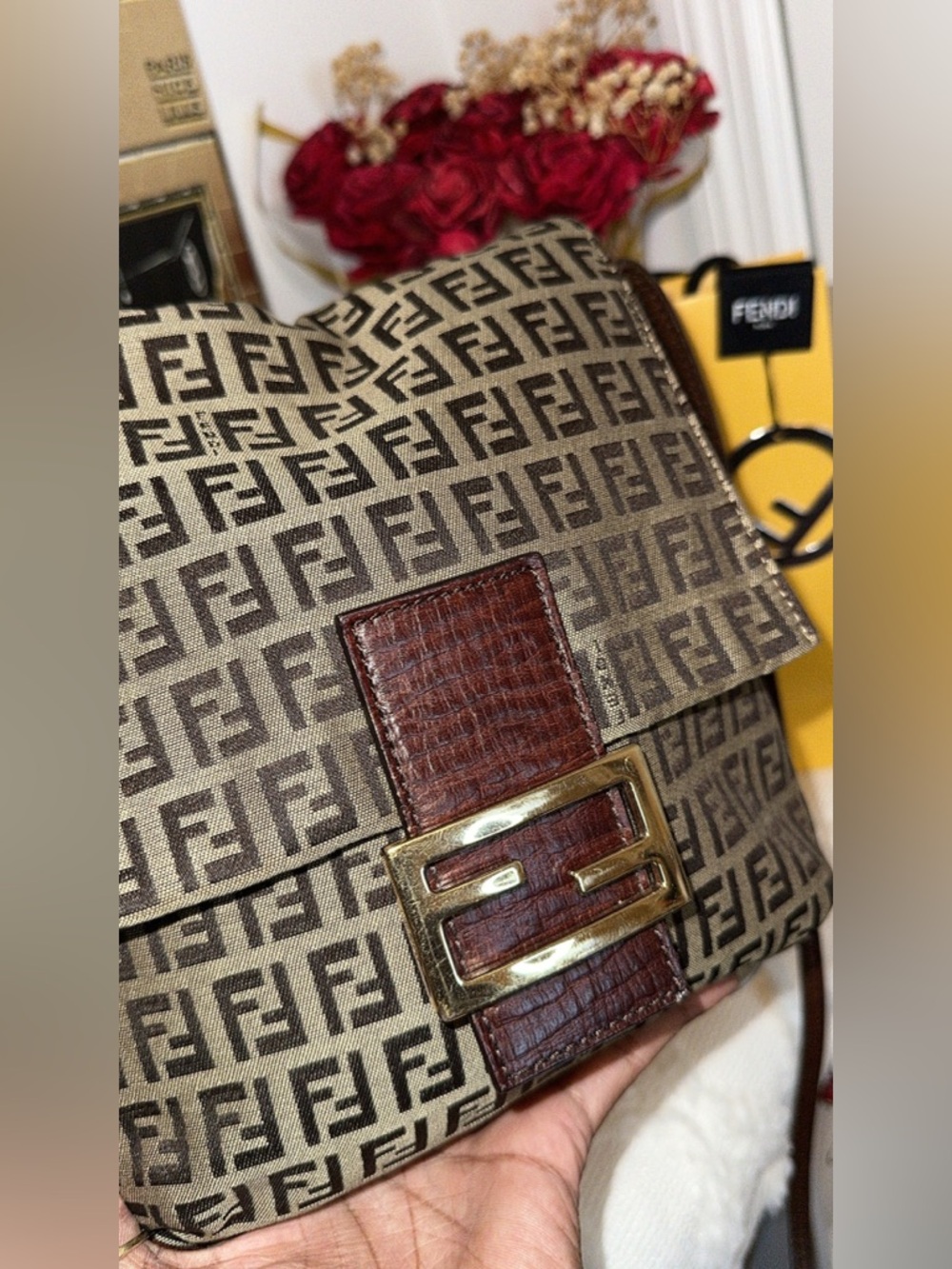 Fendi Brown FF Zucchino Canvas Shoulder or crossbody Bag with Dark Brown Trim - Picture 6 of 12